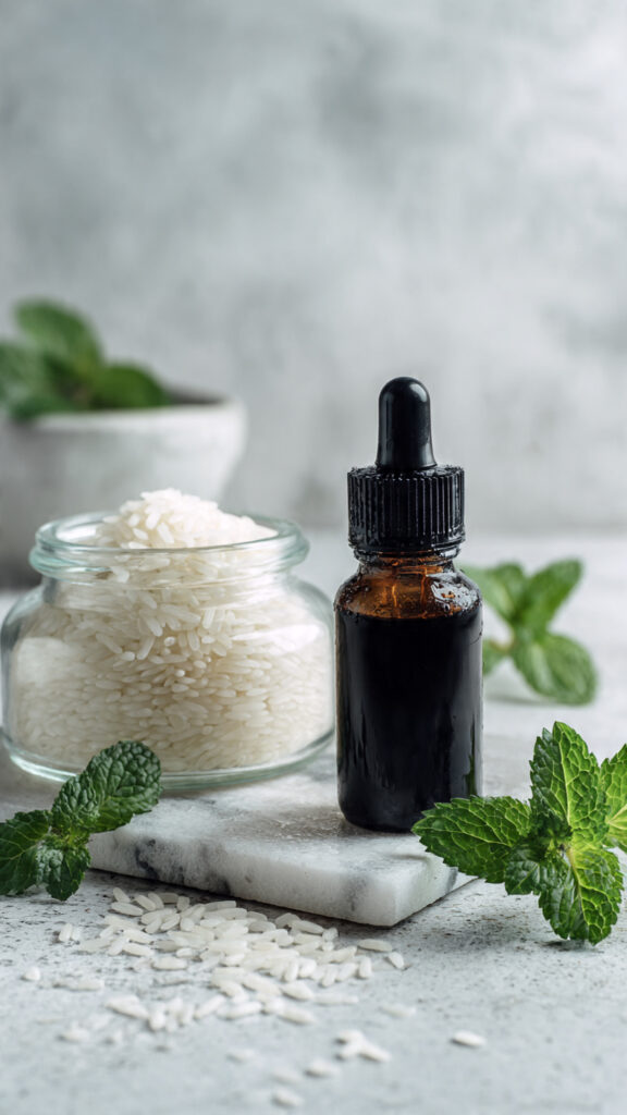 Rice water and castor oil blend in a dropper bottle on white marble with peppermint sprig