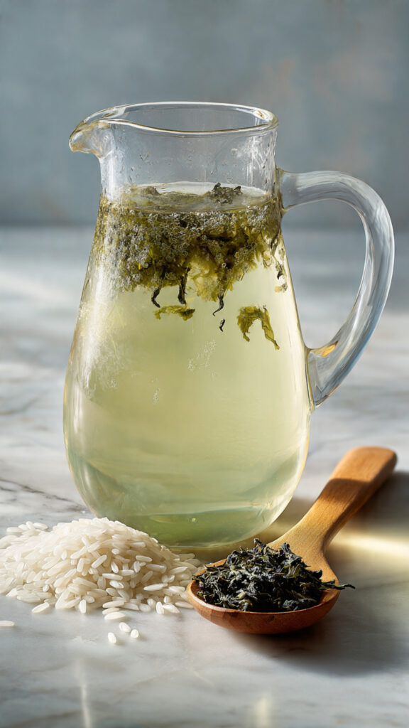 Rice water and green tea hair rinse in a clear glass jug with green tea leaves on white marble