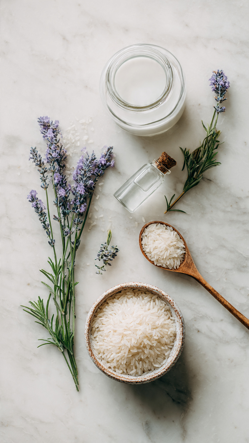 Rice water for hair ingredients flat lay on white marble — glass jar of milky rice water, bowl of uncooked white rice, fresh lavender and rosemary sprigs with wooden spoon