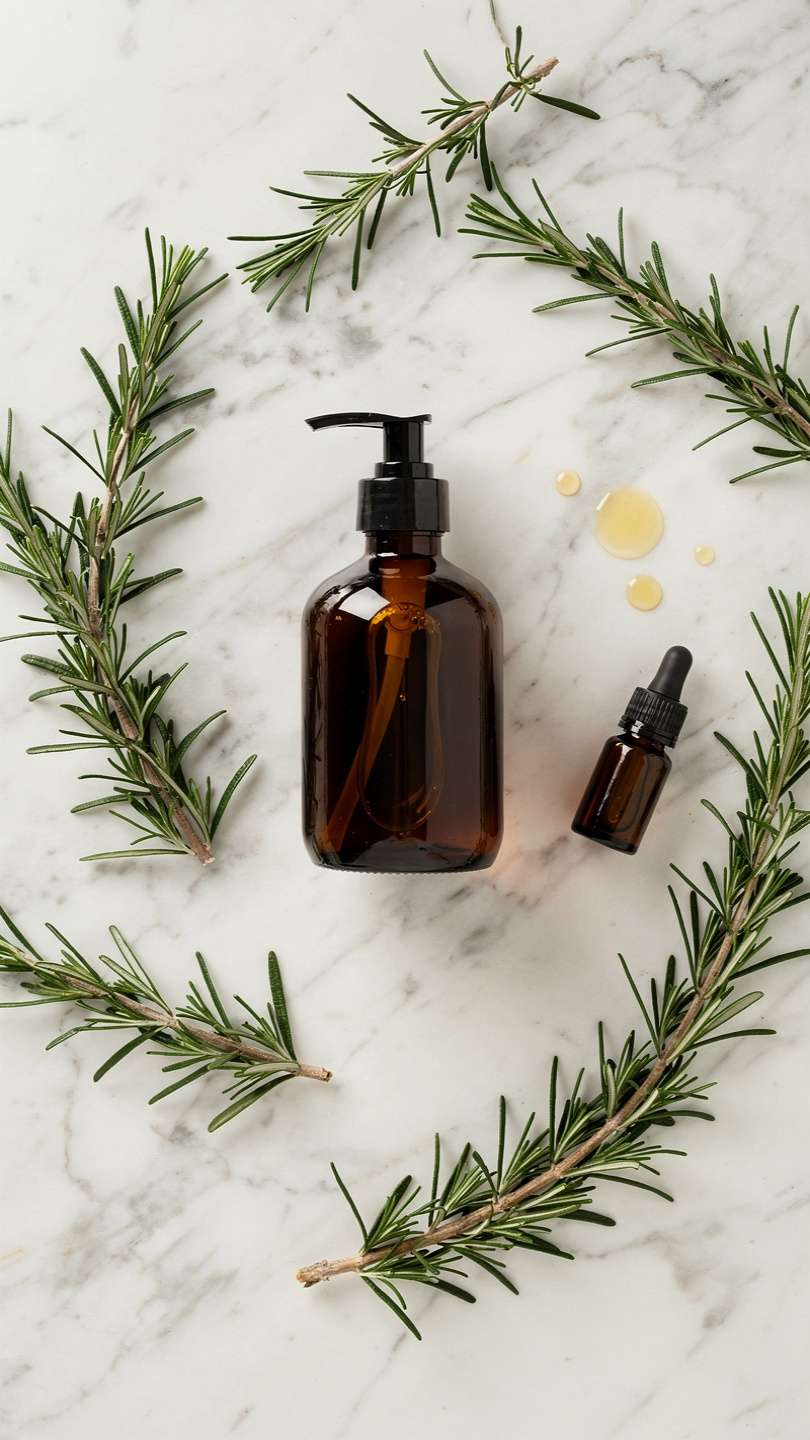 Dark glass pump bottle of rosemary oil shampoo with fresh rosemary sprigs and amber essential oil dropper on white marble surface