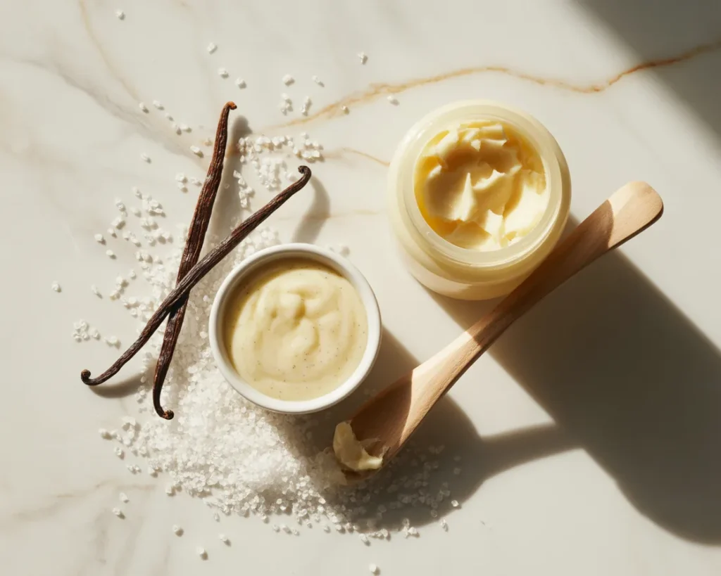 Homemade winter lip scrub ingredients: small ceramic bowl with creamy shea butter and sugar mixture, open shea butter jar with wooden spatula, vanilla pod and white sugar crystals on white marble.
