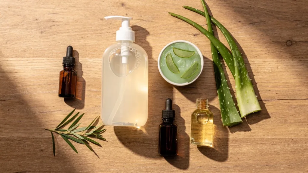 DIY tea tree and aloe vera balancing body shampoo ingredients—glass pump bottle, amber essential oil dropper, fresh aloe vera leaves, aloe gel pot, and jojoba oil on a warm wooden surface.