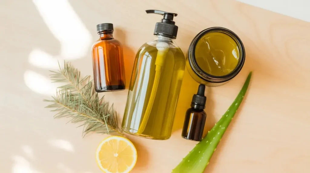 DIY tea tree and apple cider vinegar dandruff shampoo ingredients: 
— castile soap, ACV bottle, tea tree essential oil and aloe vera 
gel on a wooden surface