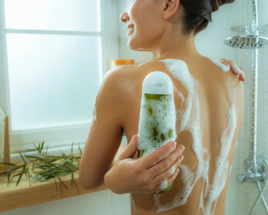 A person applying tea tree body shampoo in the shower using circular massage motions on their back and shoulders.