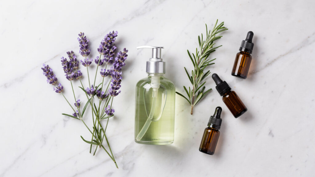 DIY tea tree, lavender, and rosemary soothing body shampoo—small glass pump bottle surrounded by fresh lavender sprigs and rosemary on white marble. 
