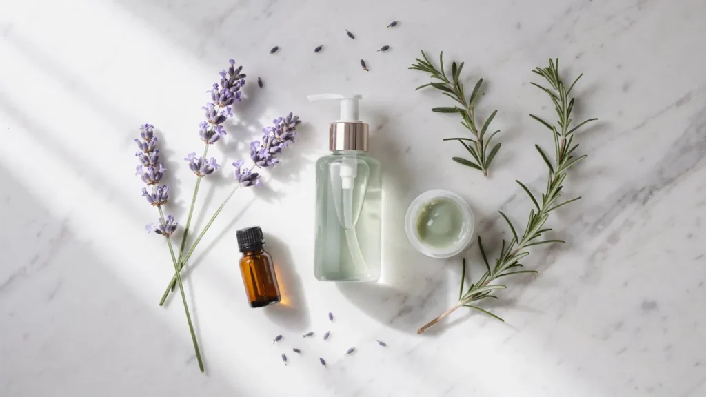 DIY tea tree lavender and rosemary soothing body shampoo ingredients — glass pump bottle, amber essential oil dropper, aloe gel pot, fresh lavender sprigs and rosemary branches on white marble.