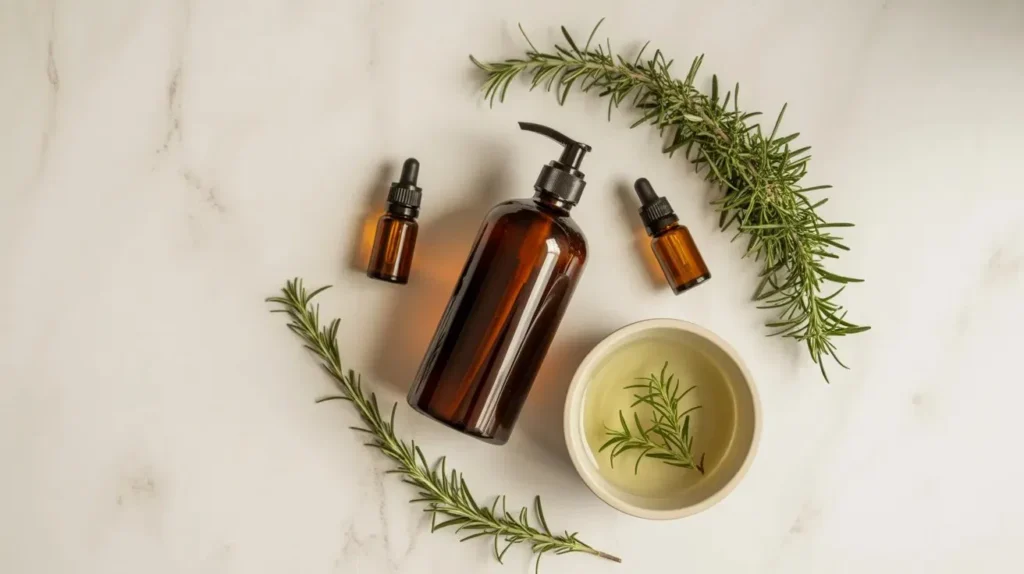 DIY tea tree and rosemary dandruff shampoo ingredients—rosemary 
essential oil, fresh rosemary sprigs, tea tree oil and a glass 
bottle on white marble