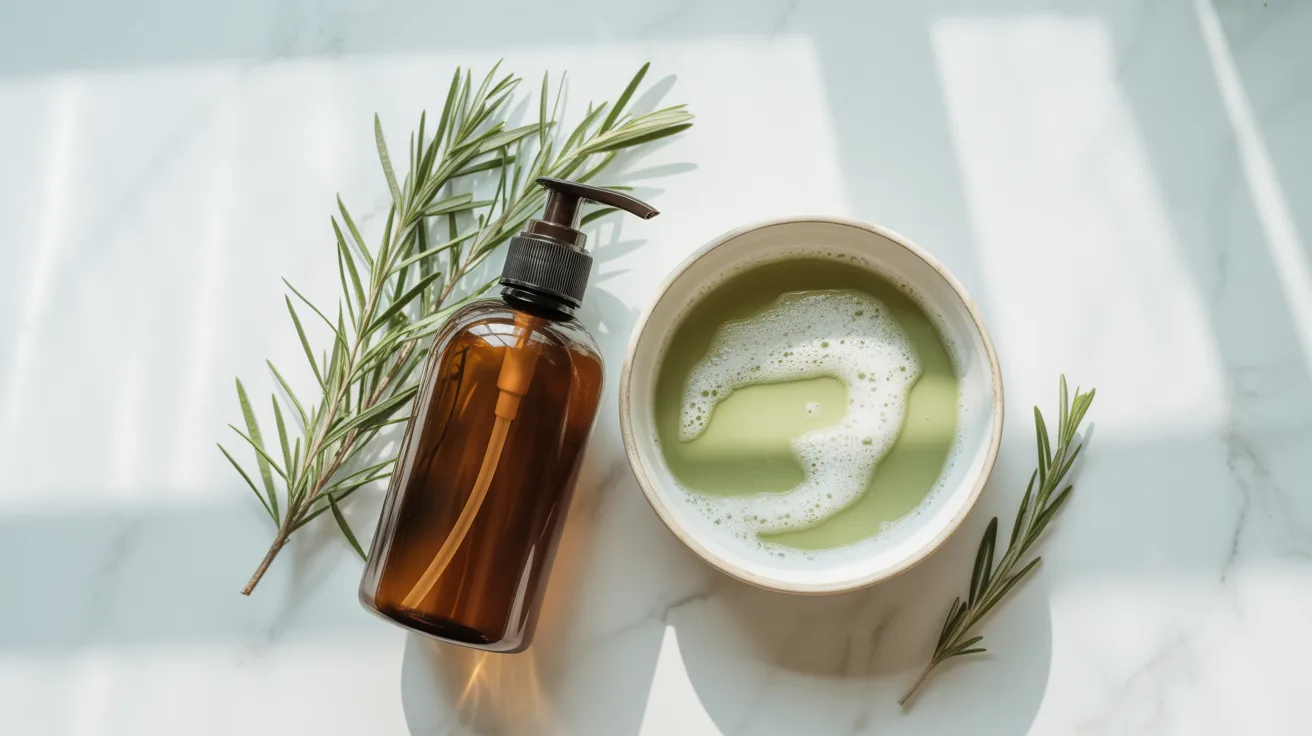Amber glass bottle of tea tree shampoo with fresh Melaleuca alternifolia sprigs and rosemary on a white marble surface — natural dandruff shampoo guide