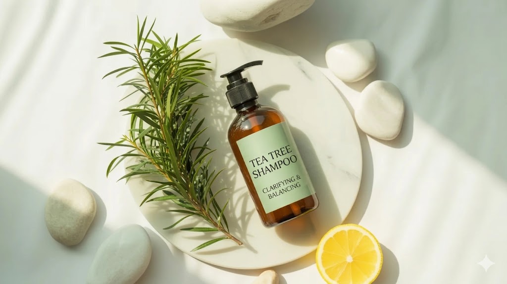Amber glass pump bottle of tea tree shampoo with fresh Melaleuca alternifolia leaves and lemon slice on a white marble surface